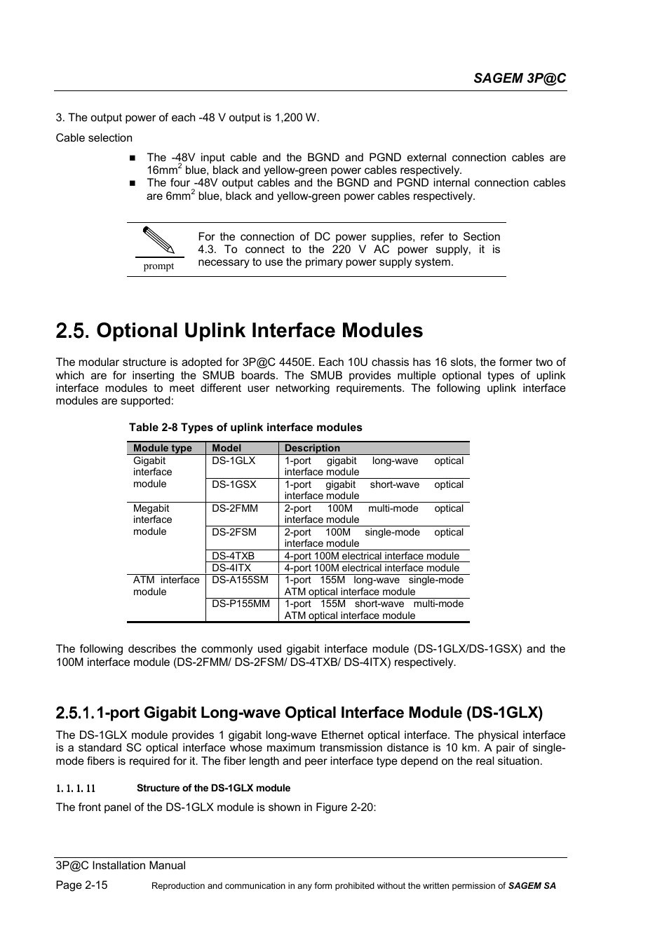 Optional uplink interface modules, 2.5. optional uplink interface modules | Sagem 4450E User Manual | Page 38 / 198