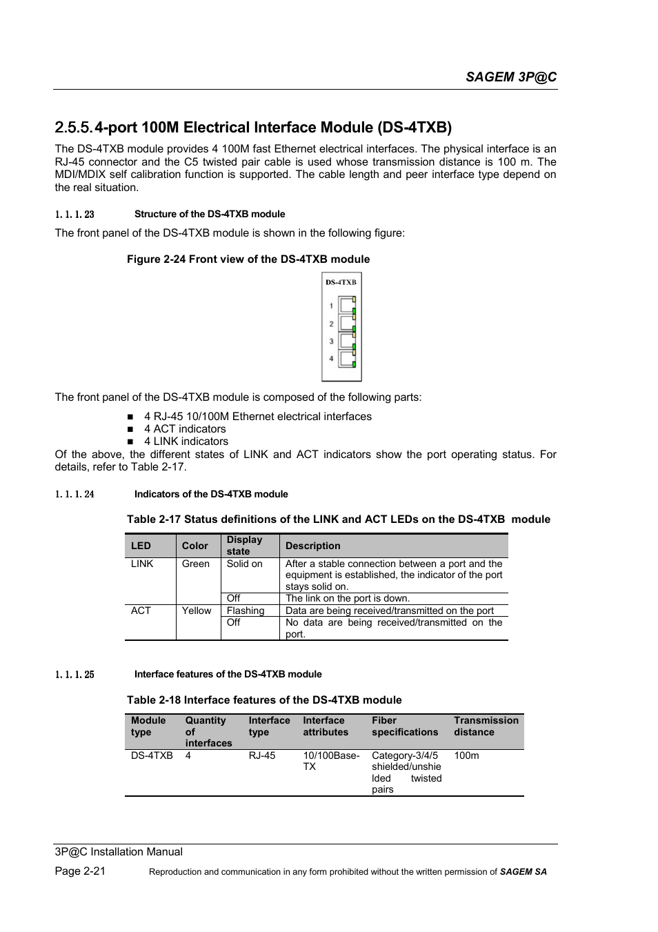 Port 100m electrical interface module (ds-4txb), Sagem 3p@c | Sagem 4450E User Manual | Page 44 / 198