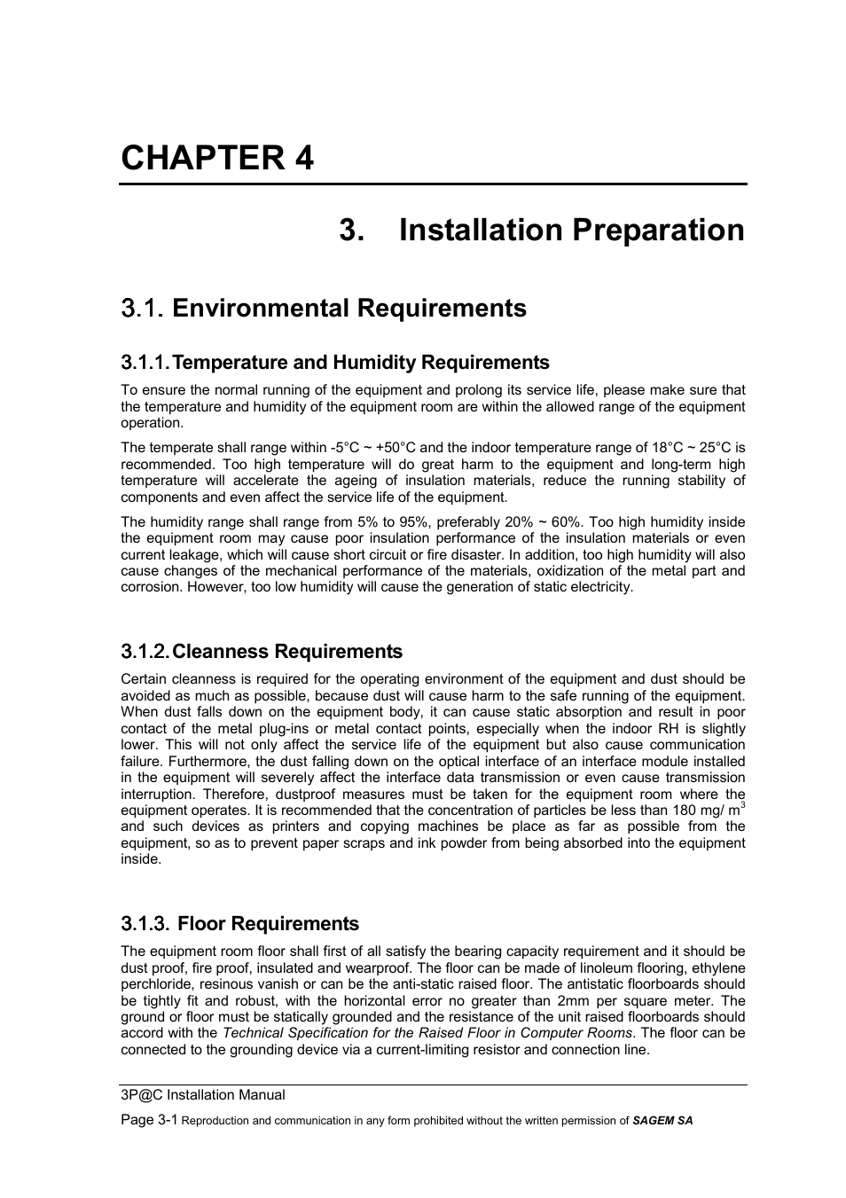 Chapter 4, Installation preparation, Environmental requirements | Temperature and humidity requirements, Cleanness requirements, Floor requirements, 3.1. environmental requirements | Sagem 4450E User Manual | Page 48 / 198