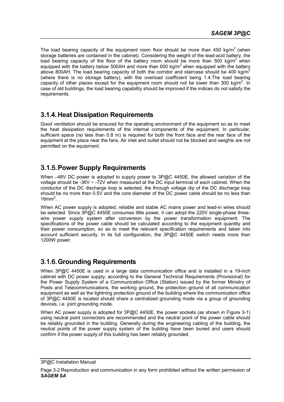 Heat dissipation requirements, Power supply requirements, Grounding requirements | 3.1.5. power supply requirements, 3.1.6. grounding requirements | Sagem 4450E User Manual | Page 49 / 198