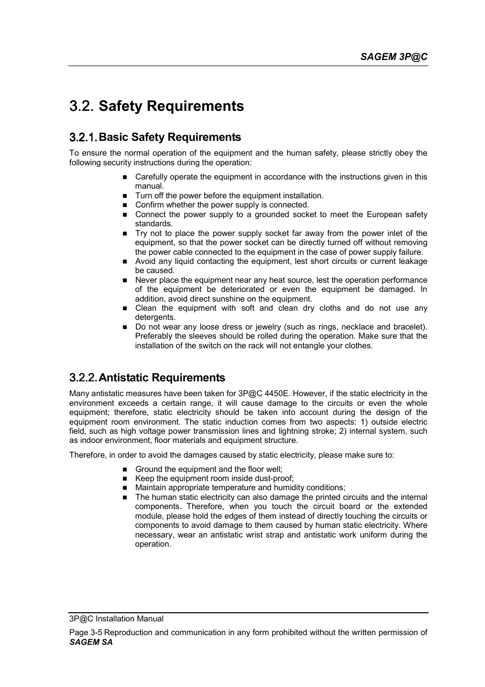 Safety requirements, Basic safety requirements, Antistatic requirements | 3.2. safety requirements, 3.2.1. basic safety requirements, 3.2.2. antistatic requirements | Sagem 4450E User Manual | Page 52 / 198