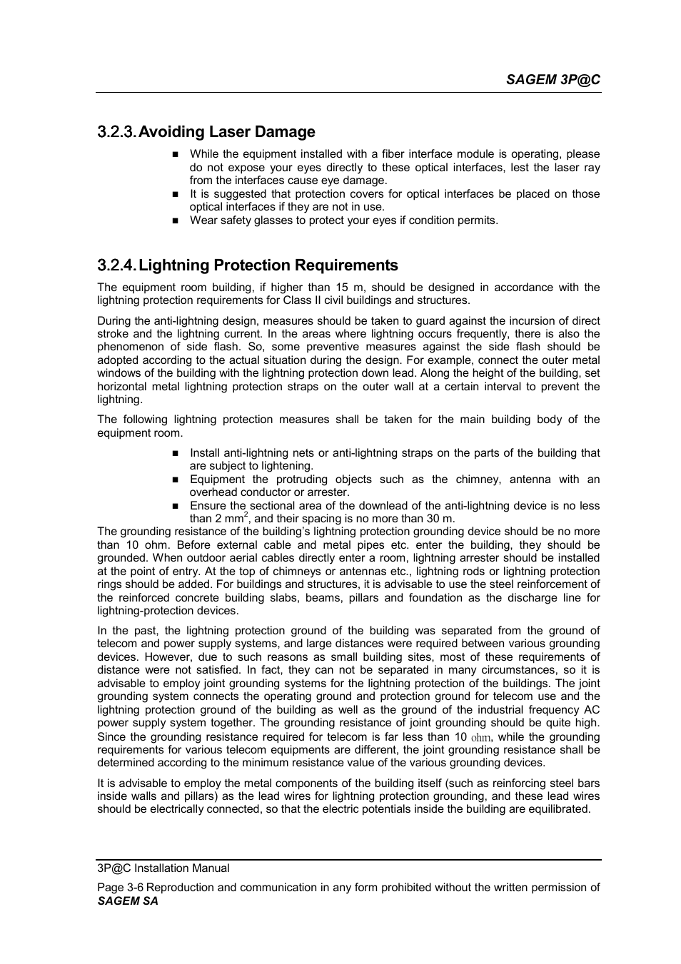 Avoiding laser damage, Lightning protection requirements, 3.2.3. avoiding laser damage | 3.2.4. lightning protection requirements | Sagem 4450E User Manual | Page 53 / 198