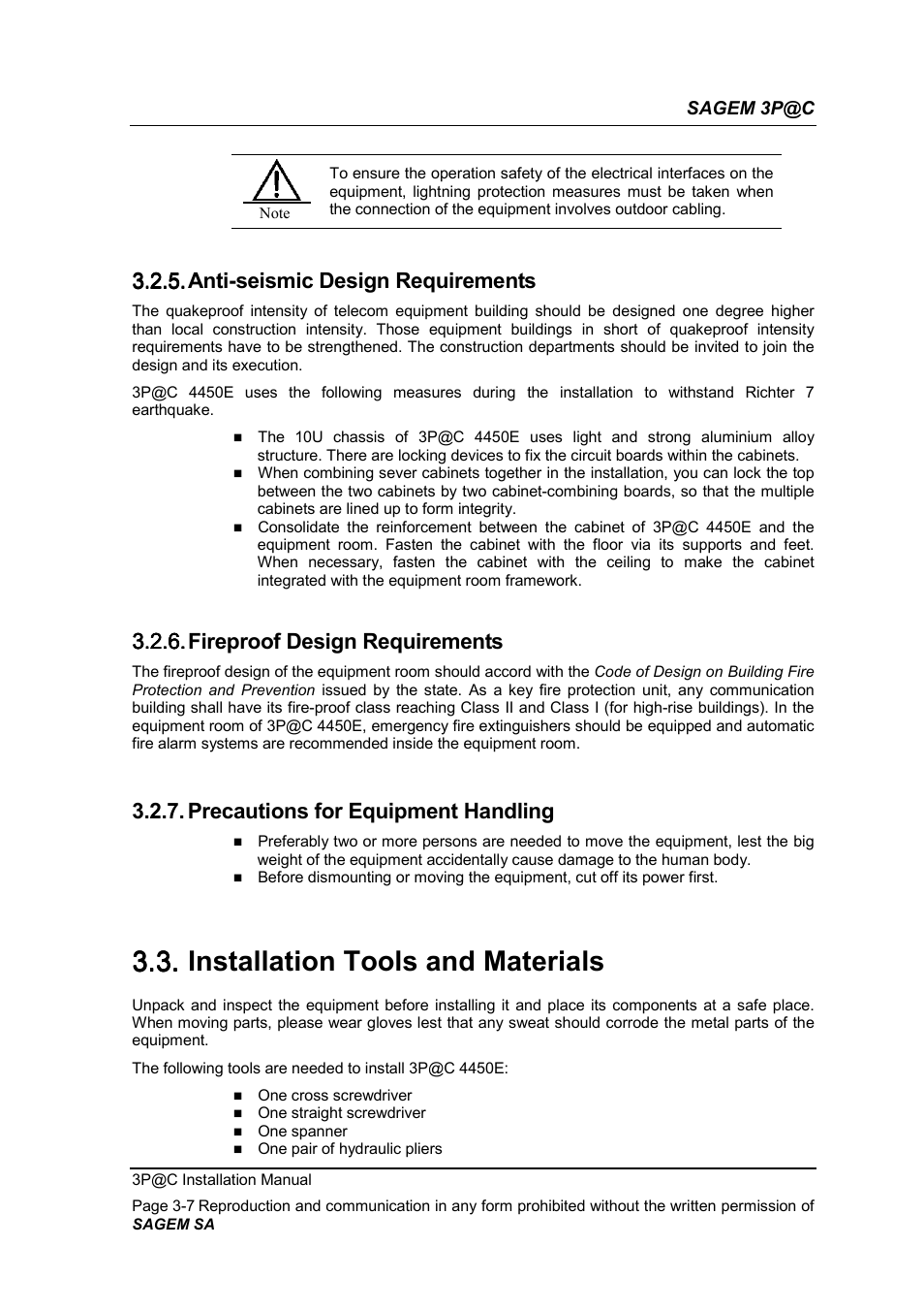 Anti-seismic design requirements, Fireproof design requirements, Precautions for equipment handling | Installation tools and materials, 3.3. installation tools and materials, 3.2.5. anti-seismic design requirements, 3.2.6. fireproof design requirements | Sagem 4450E User Manual | Page 54 / 198