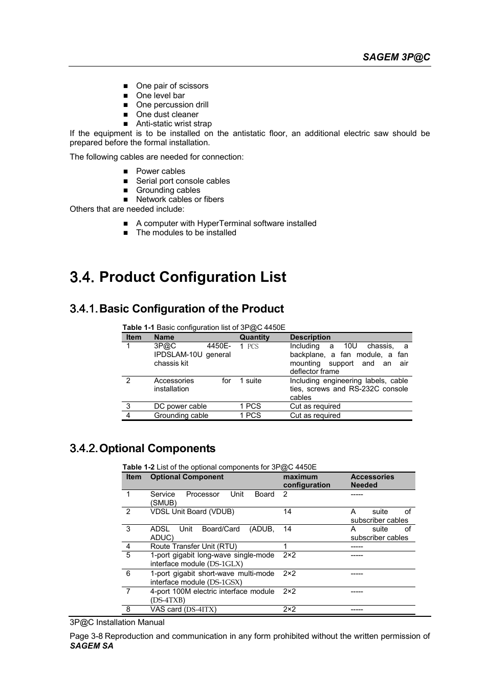 Product configuration list, Basic configuration of the product, Optional components | 3.4. product configuration list, 3.4.1. basic configuration of the product, 3.4.2. optional components, Sagem 3p@c | Sagem 4450E User Manual | Page 55 / 198