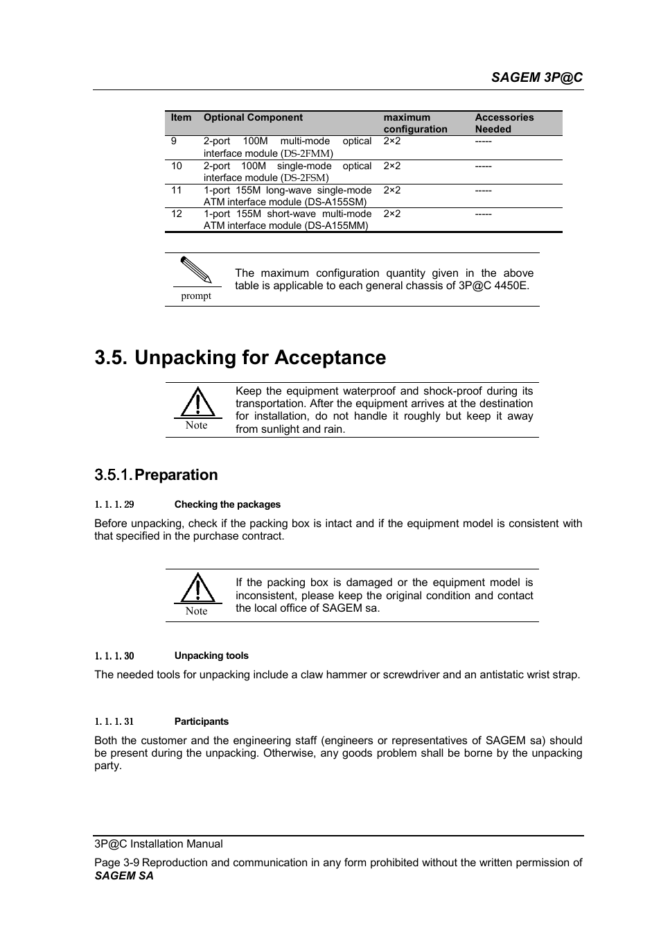 Unpacking for acceptance, Preparation, 3.5.1. preparation | Sagem 3p@c | Sagem 4450E User Manual | Page 56 / 198