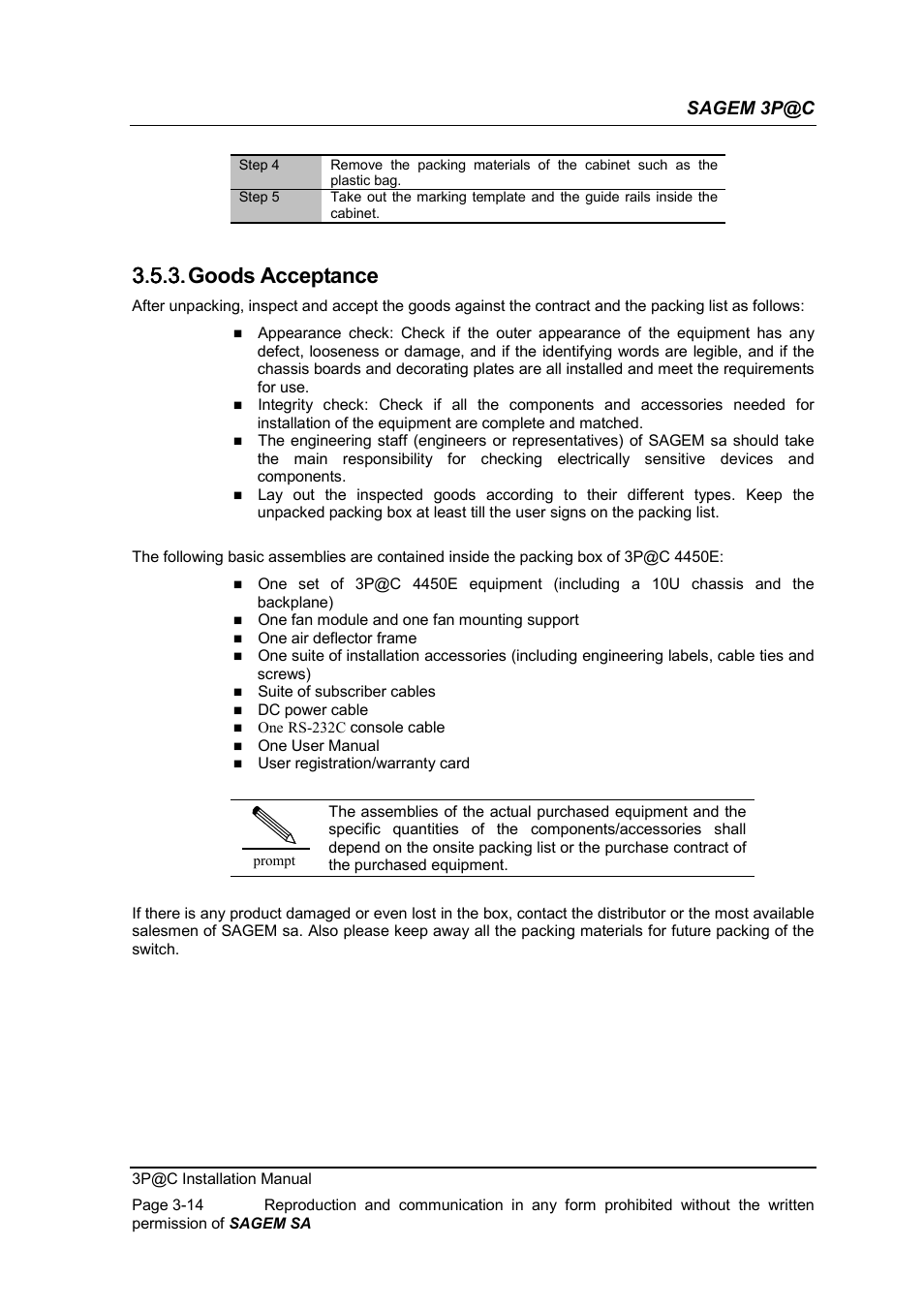 Goods acceptance, 3.5.3. goods acceptance, Sagem 3p@c | Sagem 4450E User Manual | Page 61 / 198