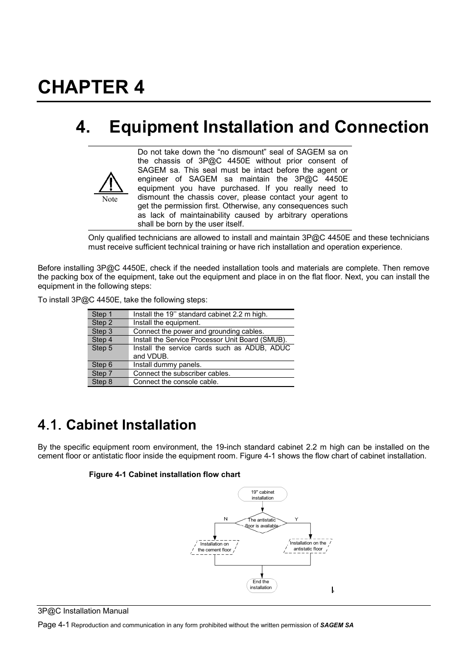 Chapter 4, Equipment installation and connection, Cabinet installation | 4.1. cabinet installation | Sagem 4450E User Manual | Page 62 / 198