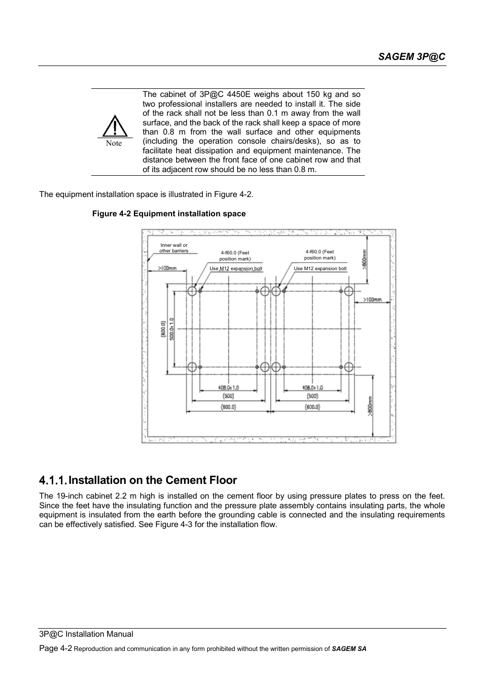 Installation on the cement floor, 4.1.1. installation on the cement floor, Sagem 3p@c | Sagem 4450E User Manual | Page 63 / 198