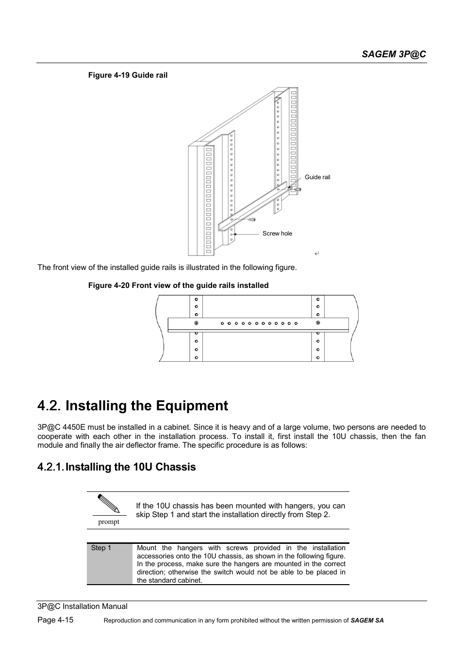 Installing the equipment, Installing the 10u chassis, 4.2. installing the equipment | Sagem 4450E User Manual | Page 76 / 198