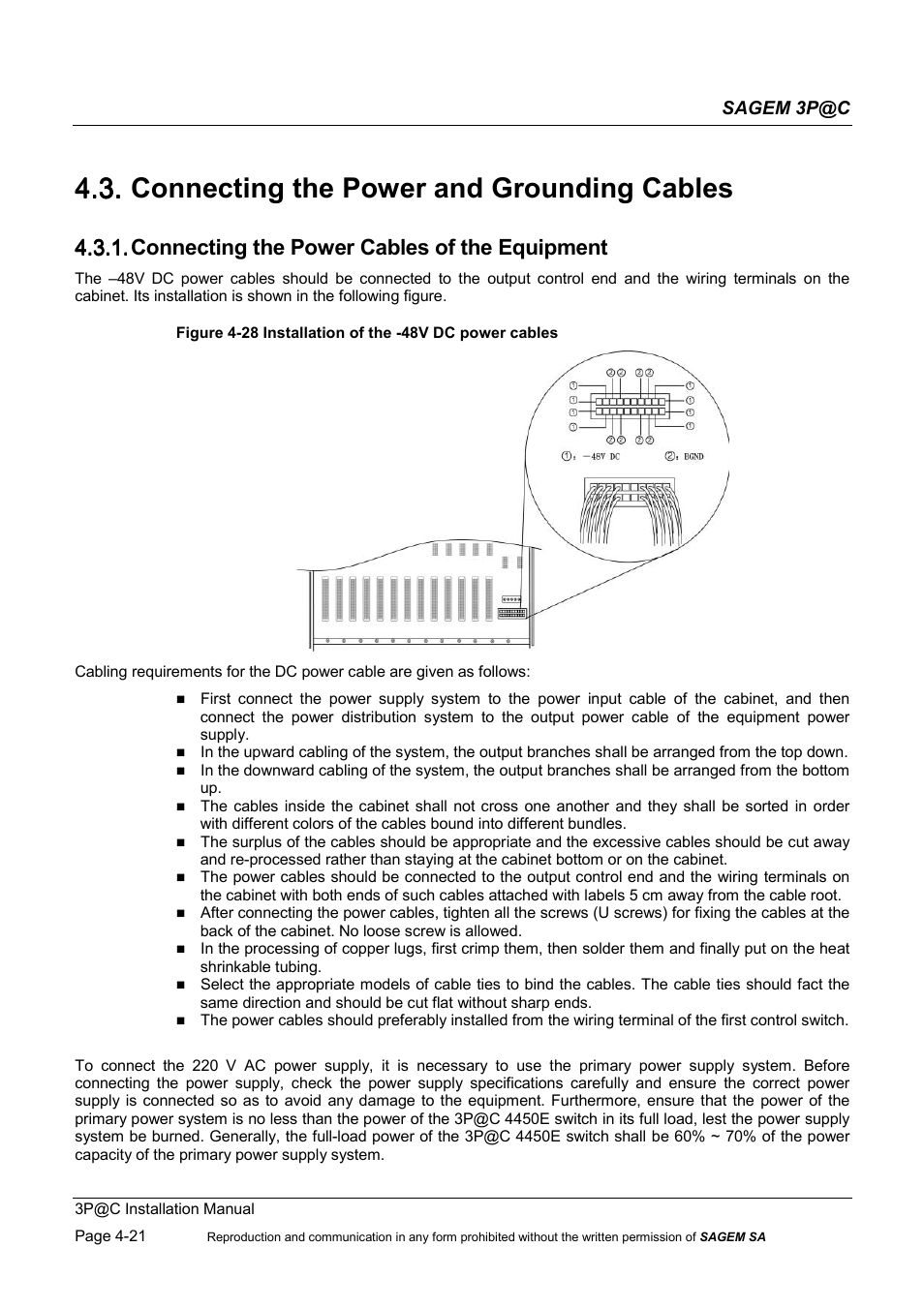 Connecting the power and grounding cables, Connecting the power cables of the equipment, 4.3. connecting the power and grounding cables | Sagem 4450E User Manual | Page 82 / 198