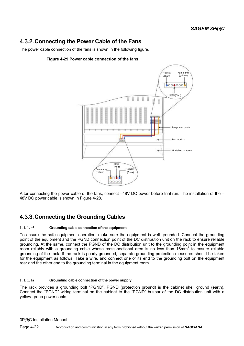 Connecting the power cable of the fans, Connecting the grounding cables, 4.3.2. connecting the power cable of the fans | 4.3.3. connecting the grounding cables, Sagem 3p@c | Sagem 4450E User Manual | Page 83 / 198