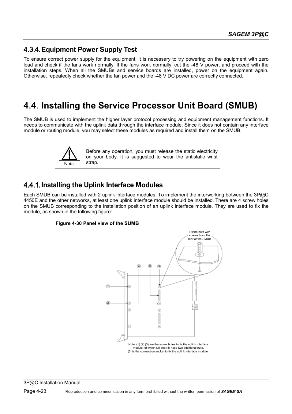 Equipment power supply test, Installing the service processor unit board (smub), Installing the uplink interface modules | 4.3.4. equipment power supply test, 4.4.1. installing the uplink interface modules | Sagem 4450E User Manual | Page 84 / 198