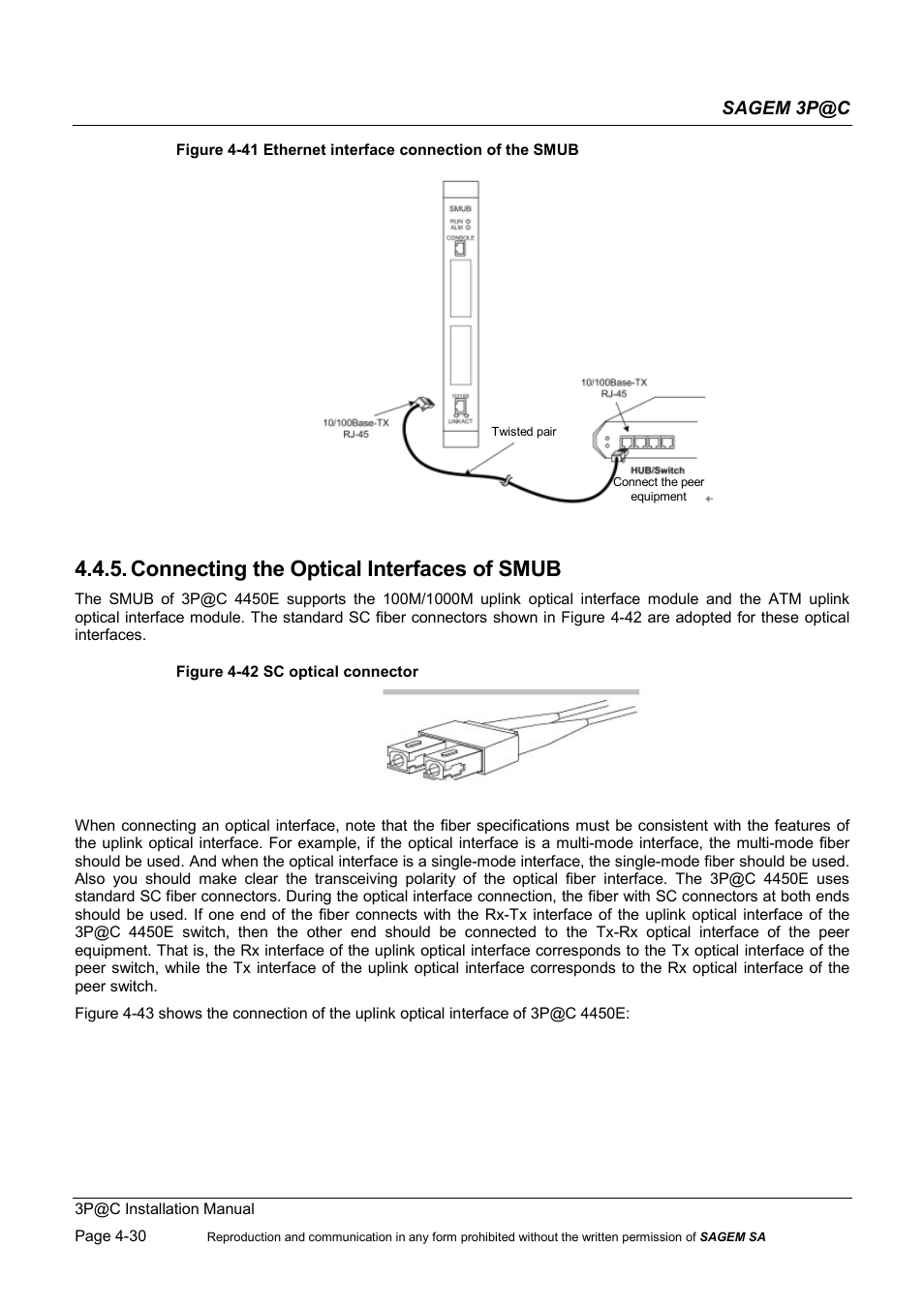 Connecting the optical interfaces of smub, Sagem 3p@c | Sagem 4450E User Manual | Page 91 / 198