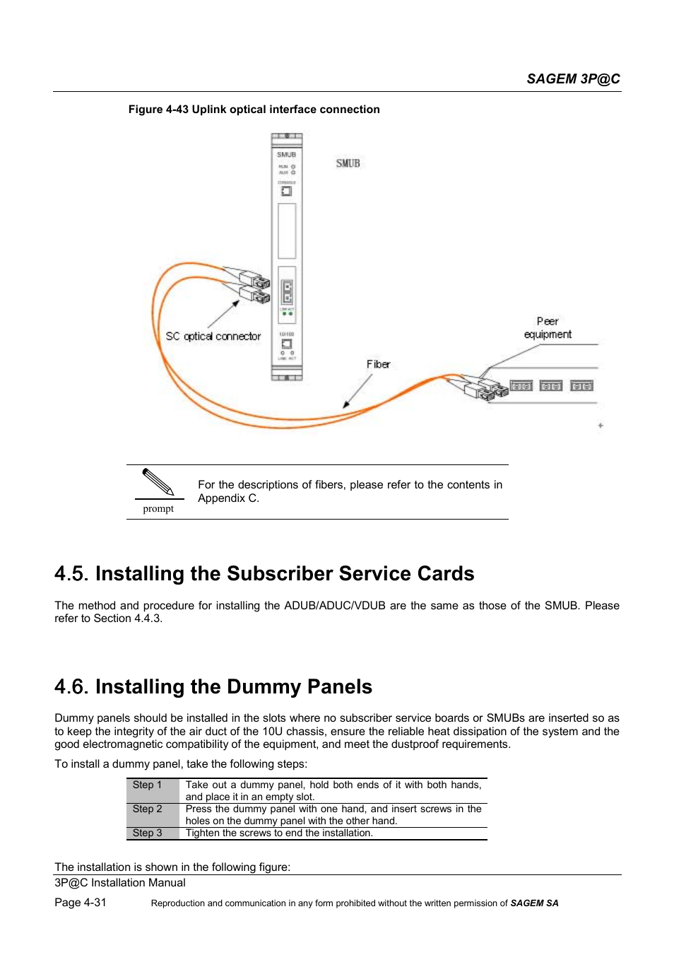 Installing the subscriber service cards, Installing the dummy panels, 4.5. installing the subscriber service cards | 4.6. installing the dummy panels | Sagem 4450E User Manual | Page 92 / 198