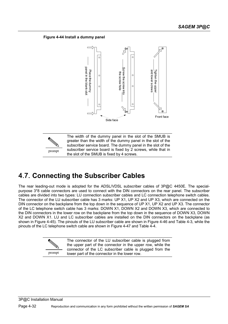 Connecting the subscriber cables, 4.7. connecting the subscriber cables, Sagem 3p@c | Sagem 4450E User Manual | Page 93 / 198