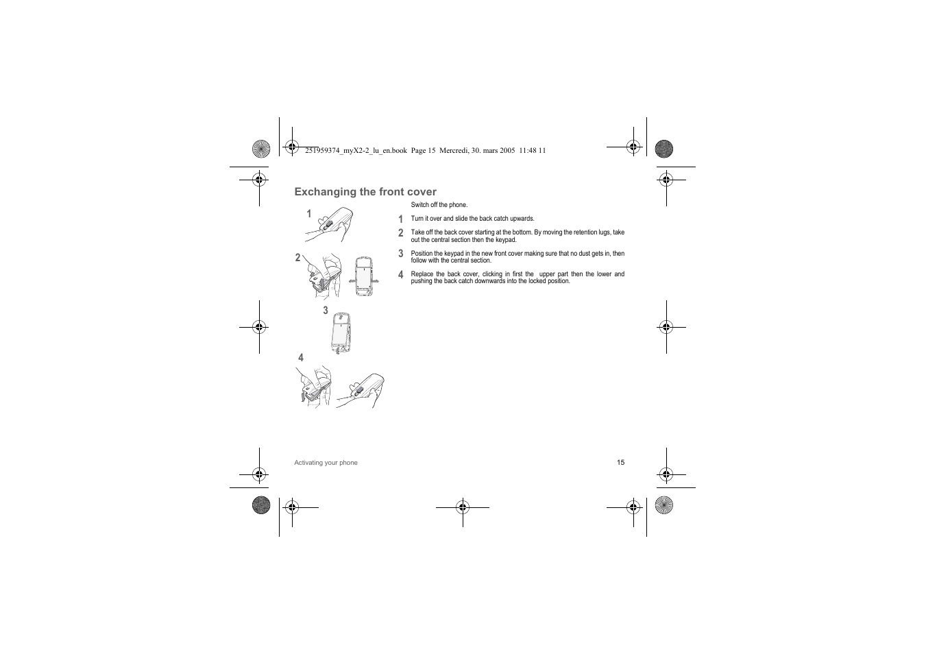 Exchanging the front cover | Sagem myX2-2m  EN User Manual | Page 15 / 71