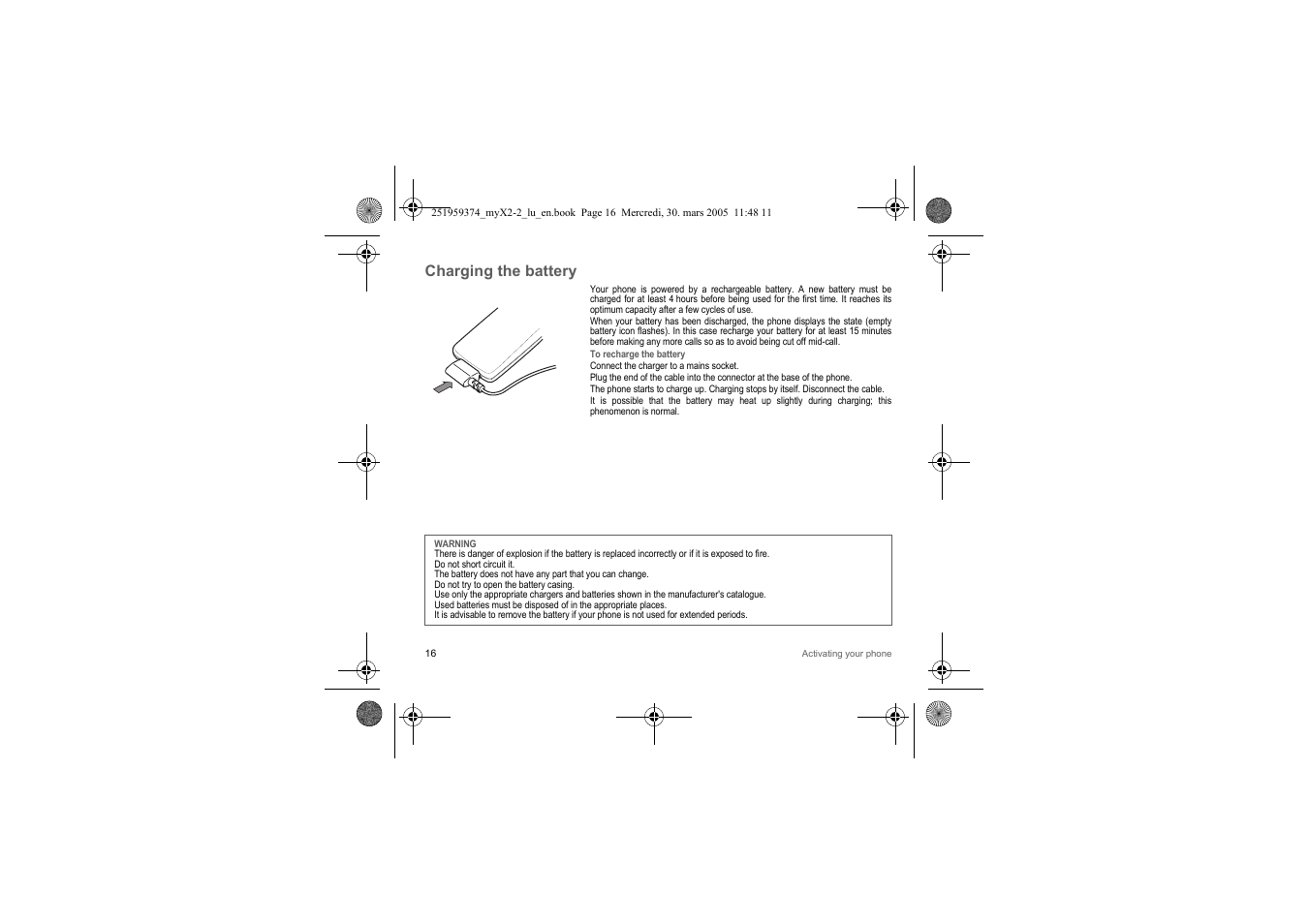 Charging the battery | Sagem myX2-2m  EN User Manual | Page 16 / 71