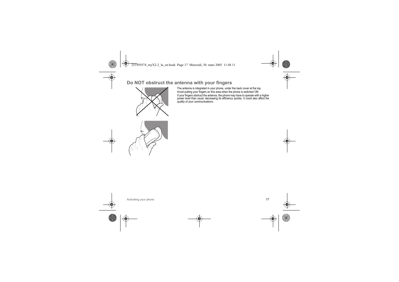 Do not obstruct the antenna with your fingers | Sagem myX2-2m  EN User Manual | Page 17 / 71