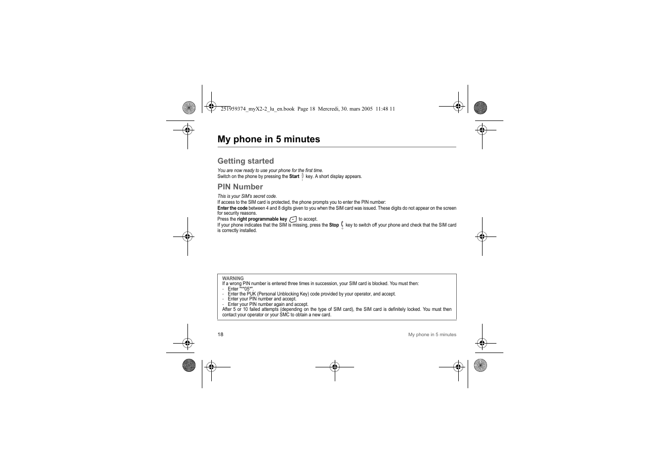 My phone in 5 minutes, Getting started, Pin number | Sagem myX2-2m  EN User Manual | Page 18 / 71