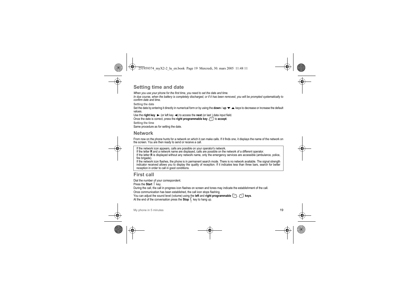 Setting time and date, Network, First call | Sagem myX2-2m  EN User Manual | Page 19 / 71