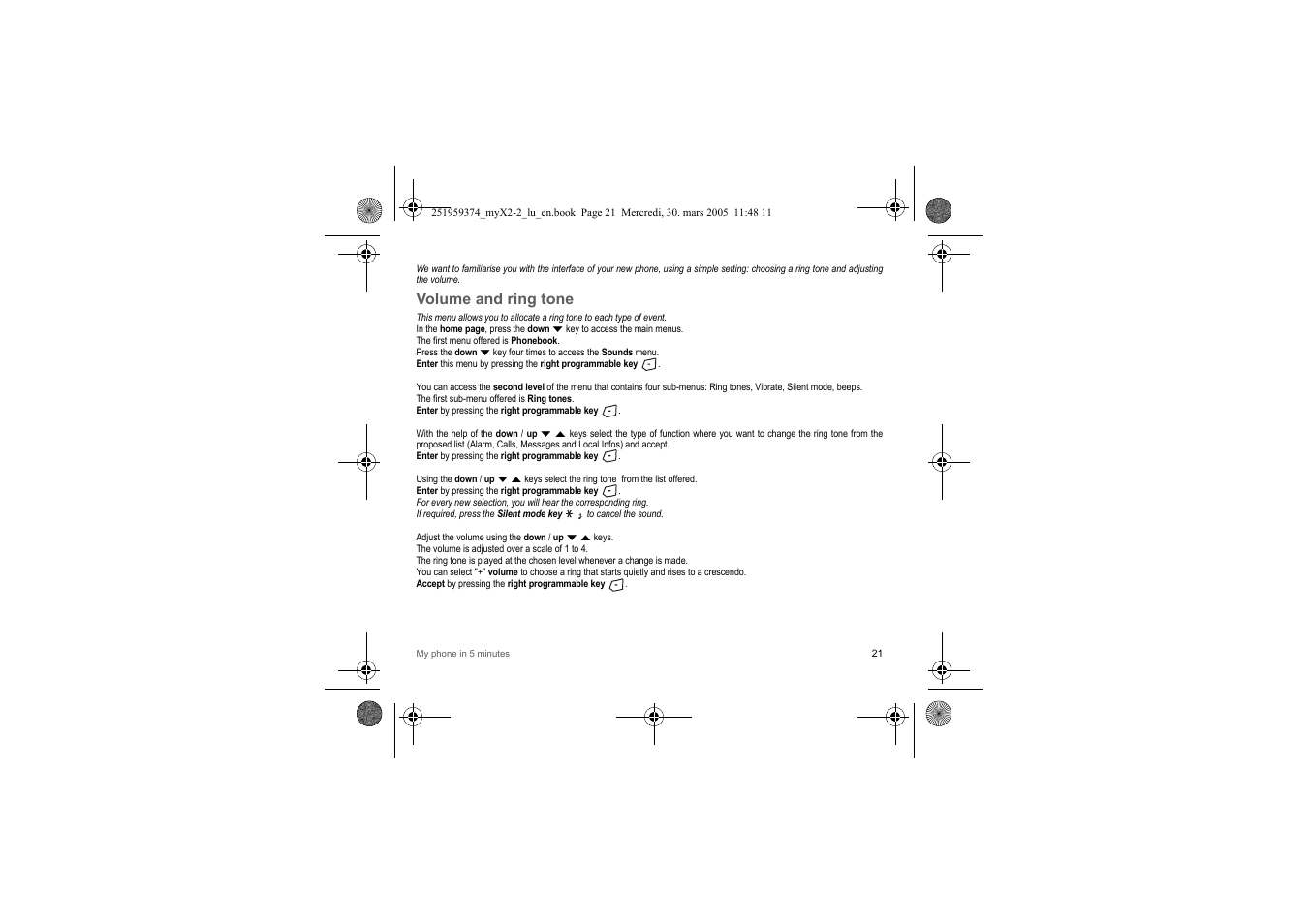 Volume and ring tone | Sagem myX2-2m  EN User Manual | Page 21 / 71