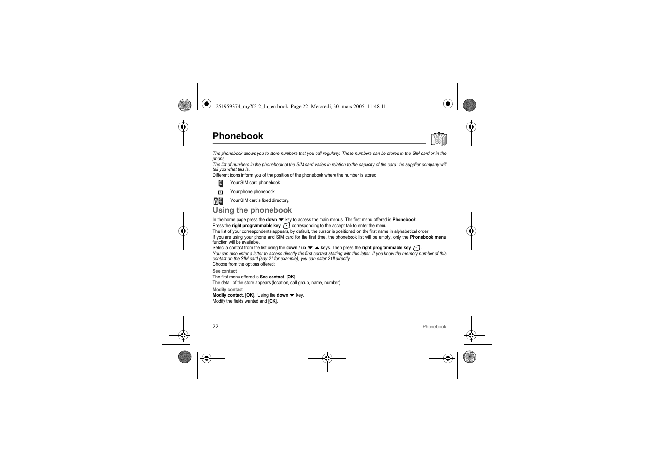 Phonebook, Using the phonebook | Sagem myX2-2m  EN User Manual | Page 22 / 71