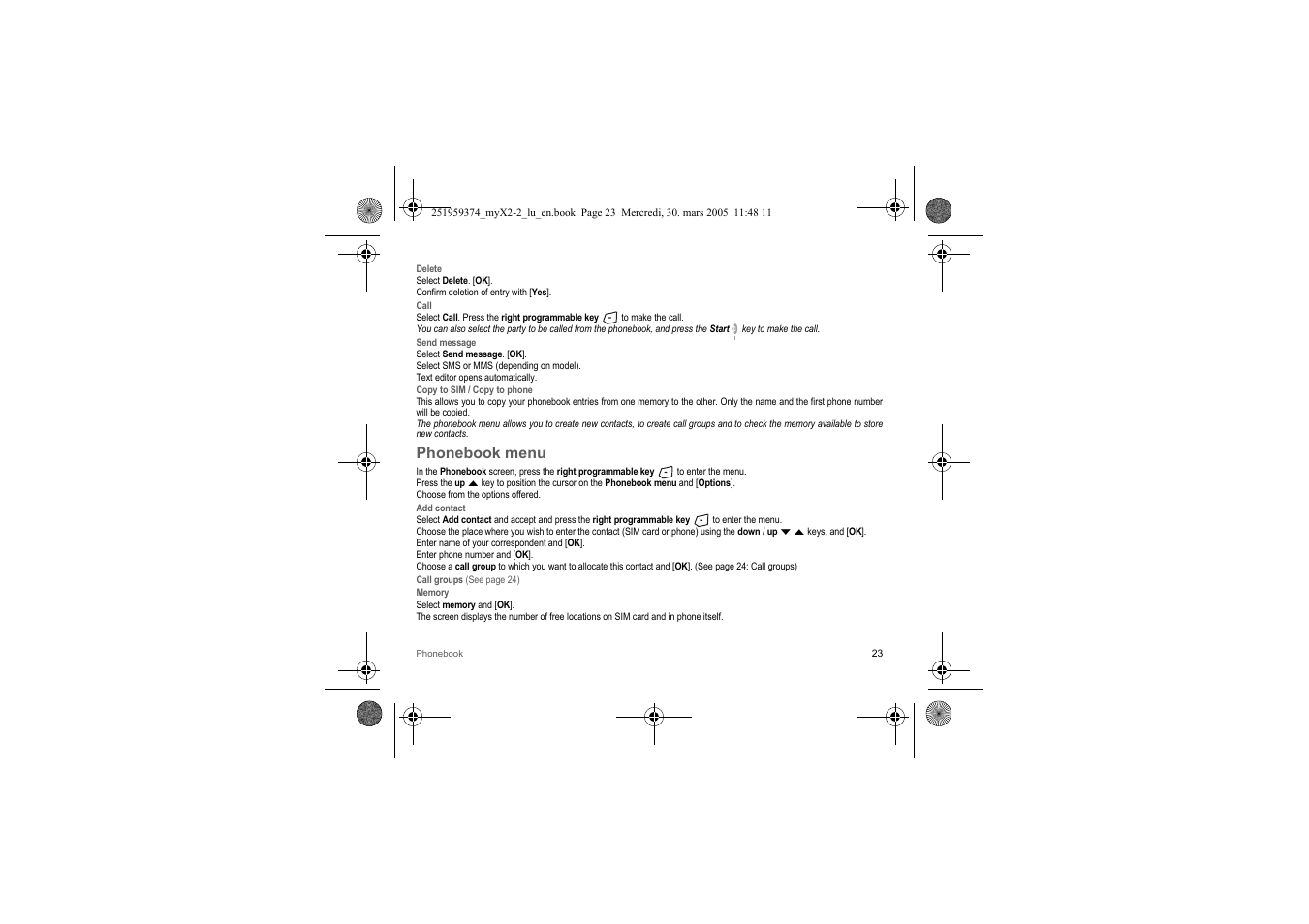 Phonebook menu | Sagem myX2-2m  EN User Manual | Page 23 / 71