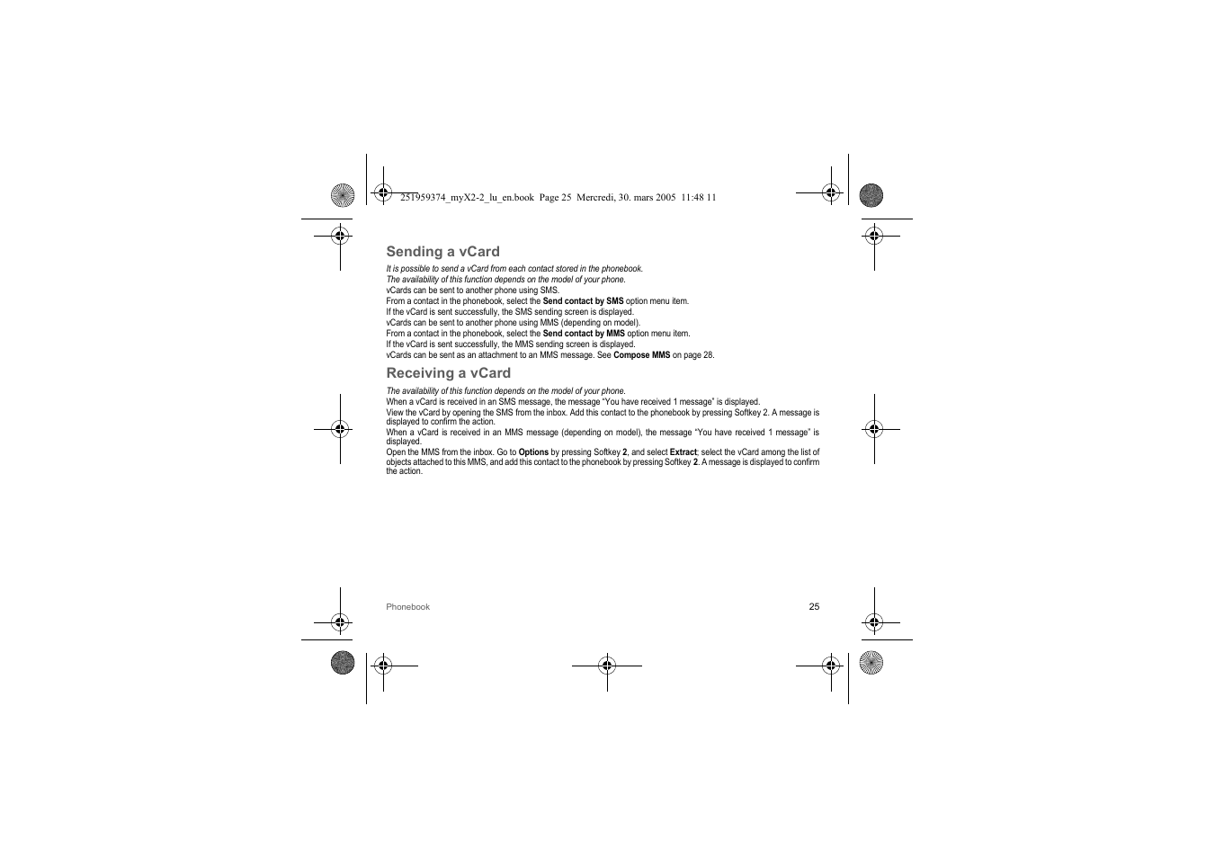 Sending a vcard, Receiving a vcard | Sagem myX2-2m  EN User Manual | Page 25 / 71