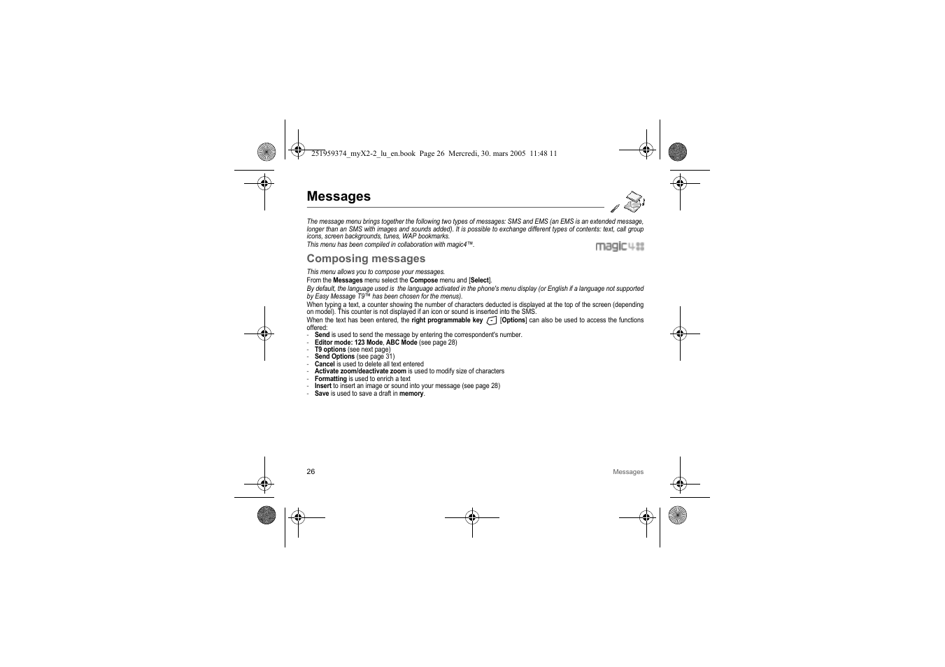 Messages, Composing messages | Sagem myX2-2m  EN User Manual | Page 26 / 71