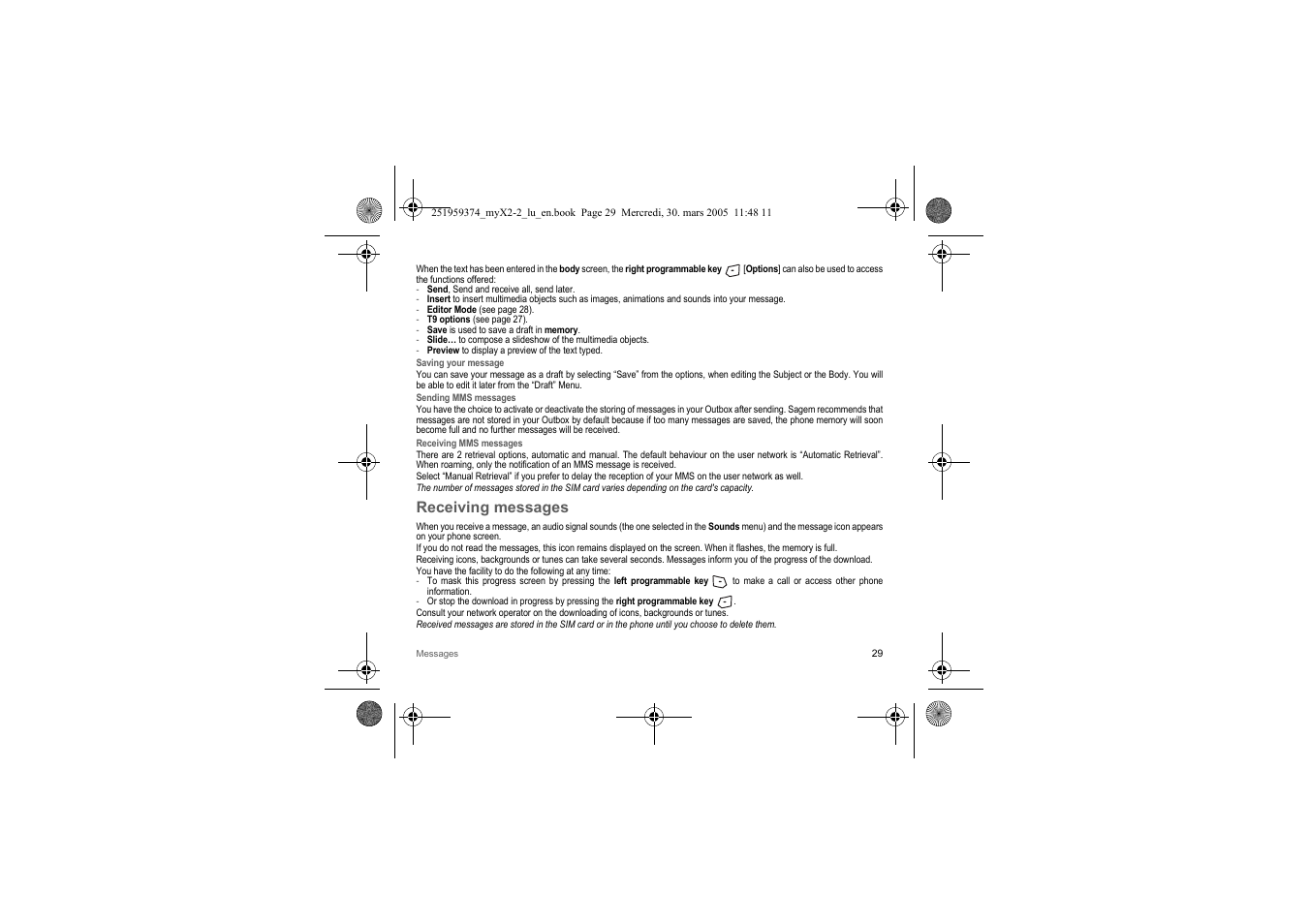 Receiving messages | Sagem myX2-2m  EN User Manual | Page 29 / 71