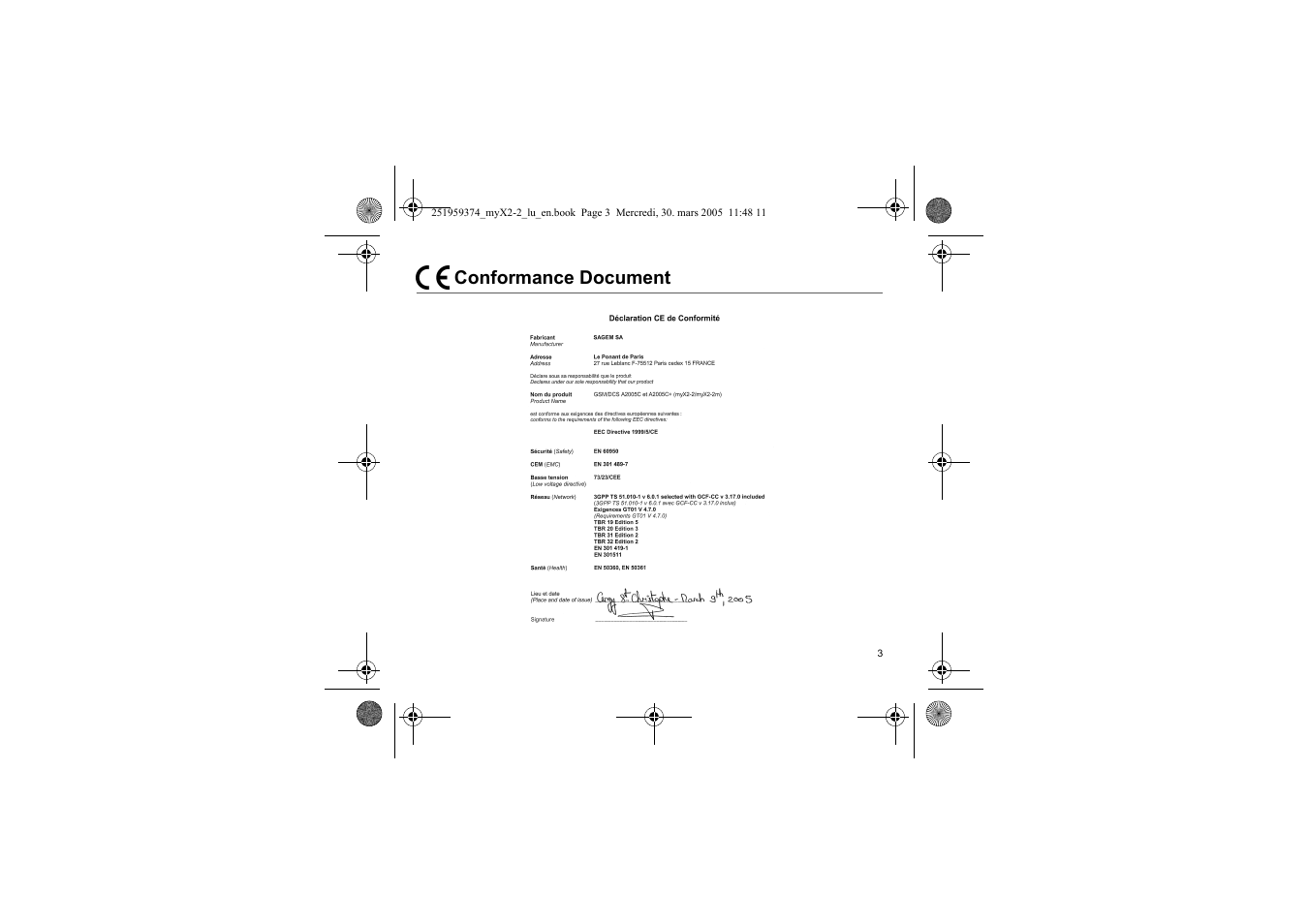 Conformance document | Sagem myX2-2m  EN User Manual | Page 3 / 71