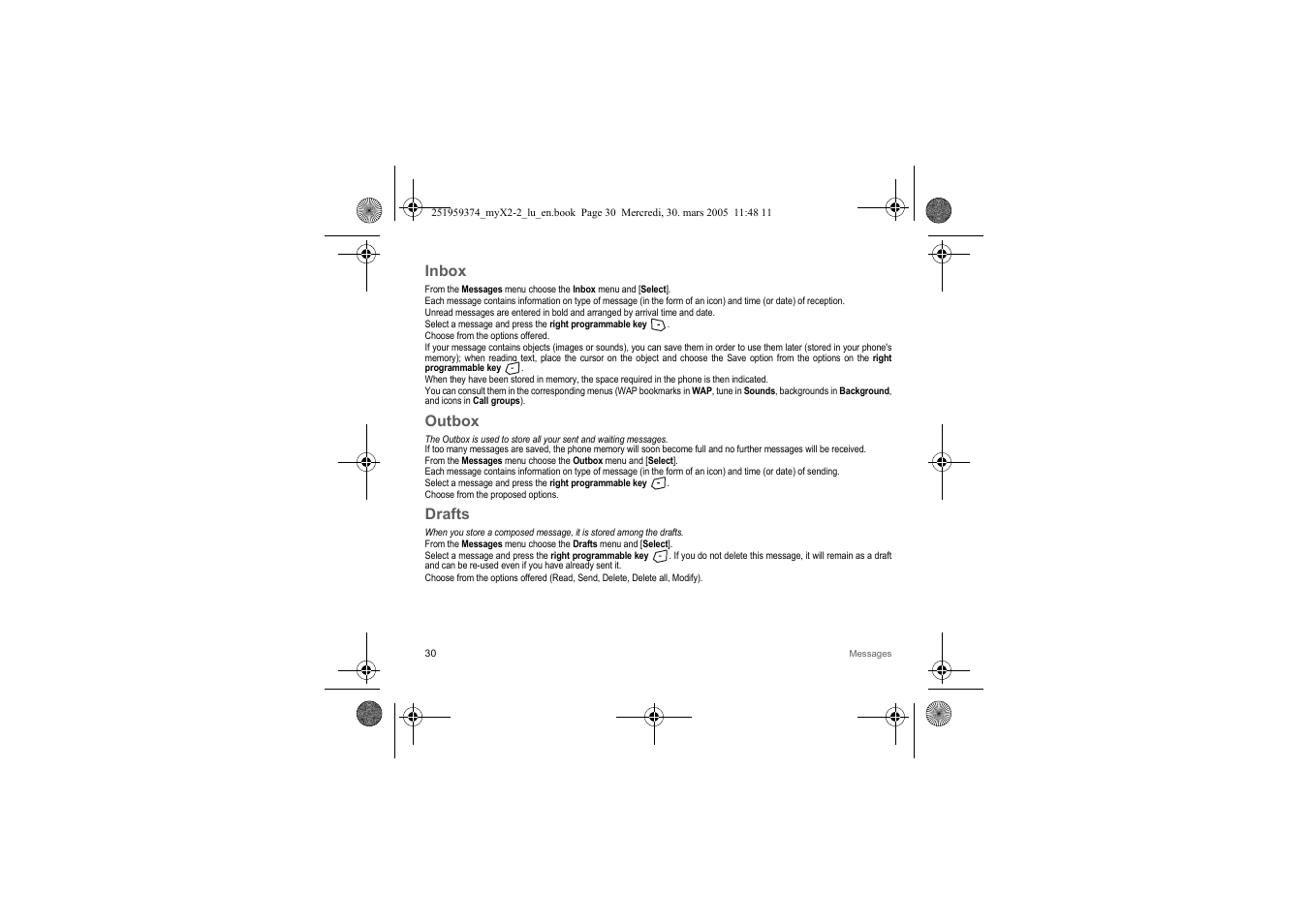 Inbox, Outbox, Drafts | Sagem myX2-2m  EN User Manual | Page 30 / 71