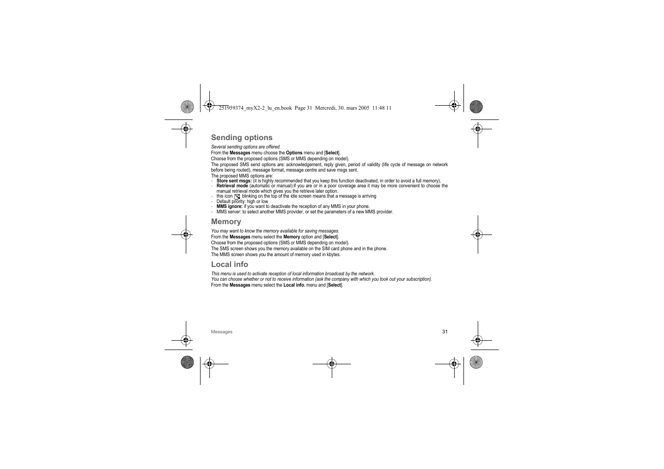 Sending options, Memory, Local info | Sagem myX2-2m  EN User Manual | Page 31 / 71