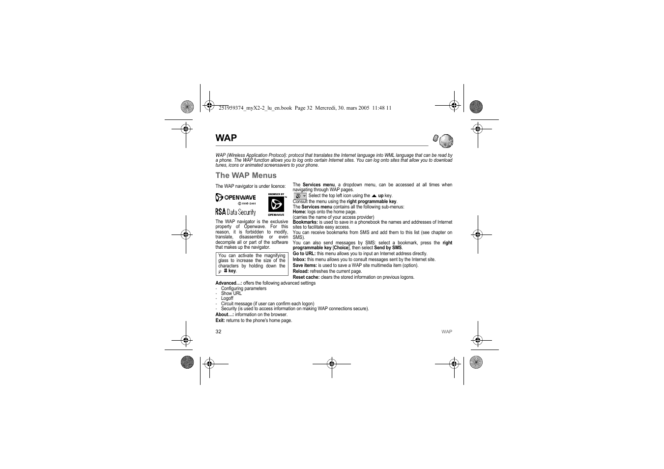 The wap menus | Sagem myX2-2m  EN User Manual | Page 32 / 71