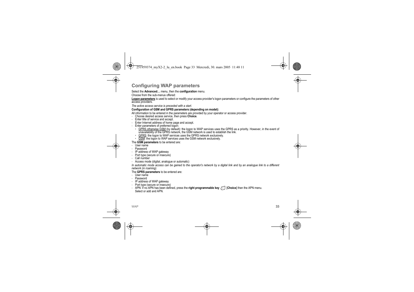 Configuring wap parameters | Sagem myX2-2m  EN User Manual | Page 33 / 71