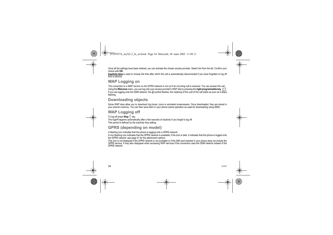 Wap logging on, Downloading objects, Wap logging off | Gprs (depending on model) | Sagem myX2-2m  EN User Manual | Page 34 / 71