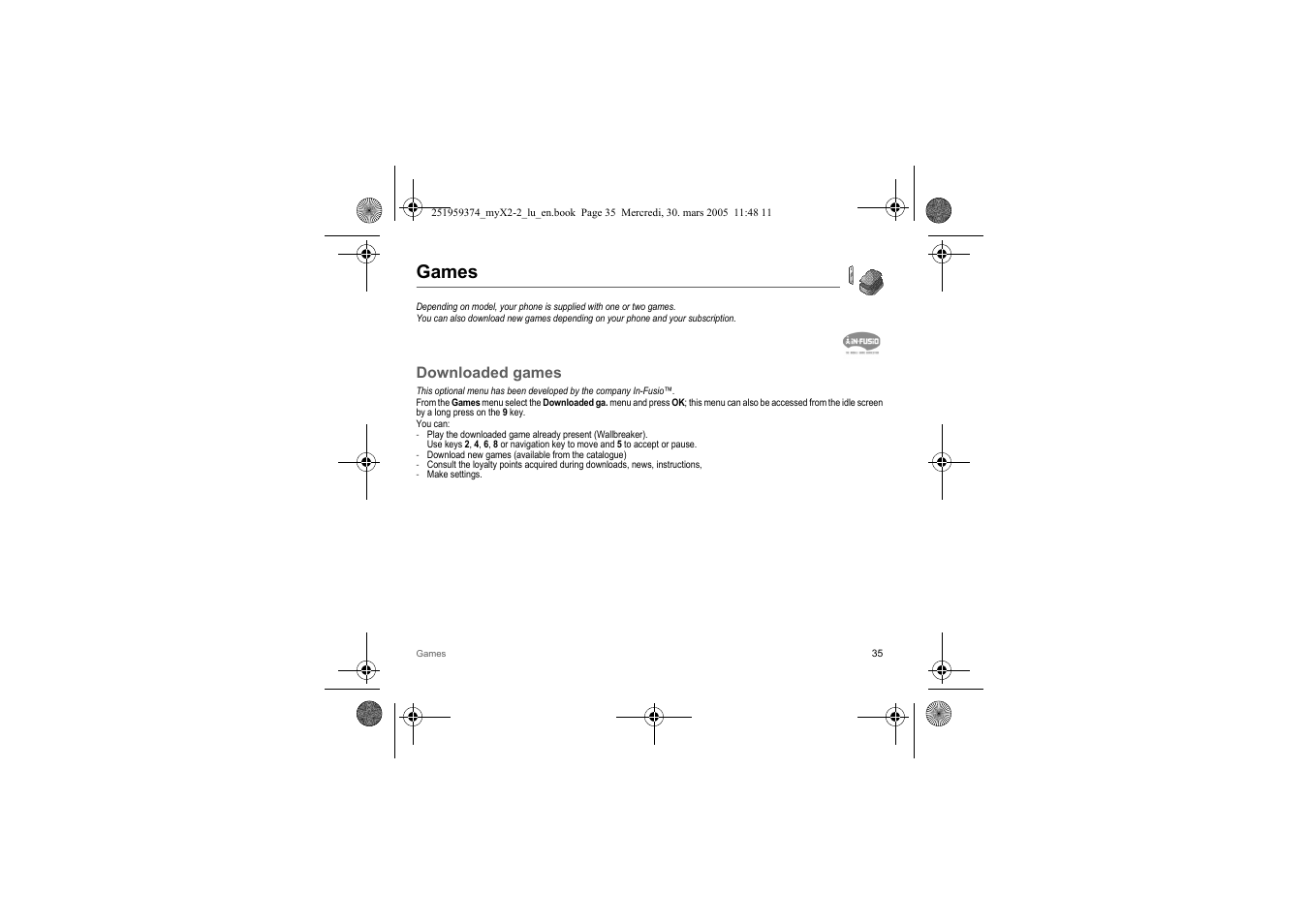 Games, Downloaded games | Sagem myX2-2m  EN User Manual | Page 35 / 71