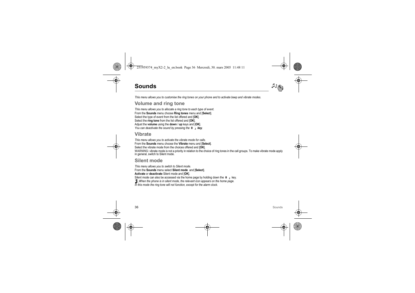 Sounds, Volume and ring tone, Vibrate | Silent mode | Sagem myX2-2m  EN User Manual | Page 36 / 71