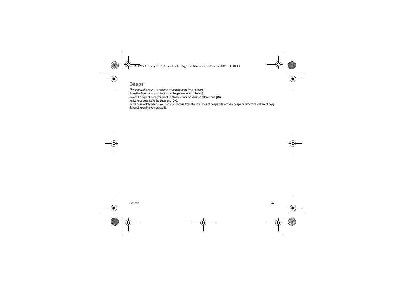 Beeps | Sagem myX2-2m  EN User Manual | Page 37 / 71