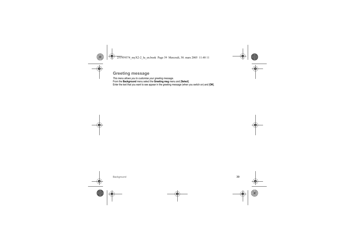 Greeting message | Sagem myX2-2m  EN User Manual | Page 39 / 71