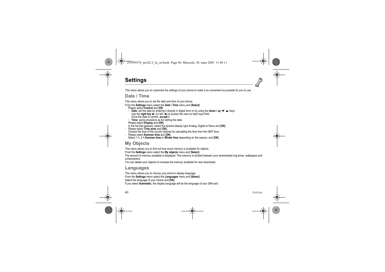 Settings, Date / time, My objects | Languages, Ed in the settings | Sagem myX2-2m  EN User Manual | Page 40 / 71