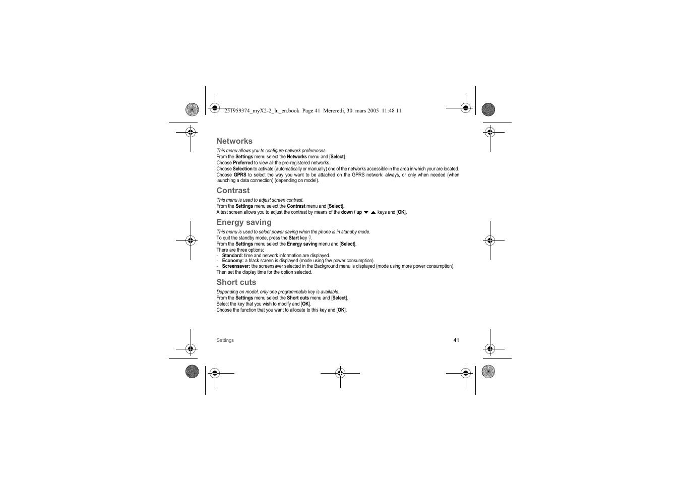 Networks, Contrast, Energy saving | Short cuts, Energy saving menu) | Sagem myX2-2m  EN User Manual | Page 41 / 71