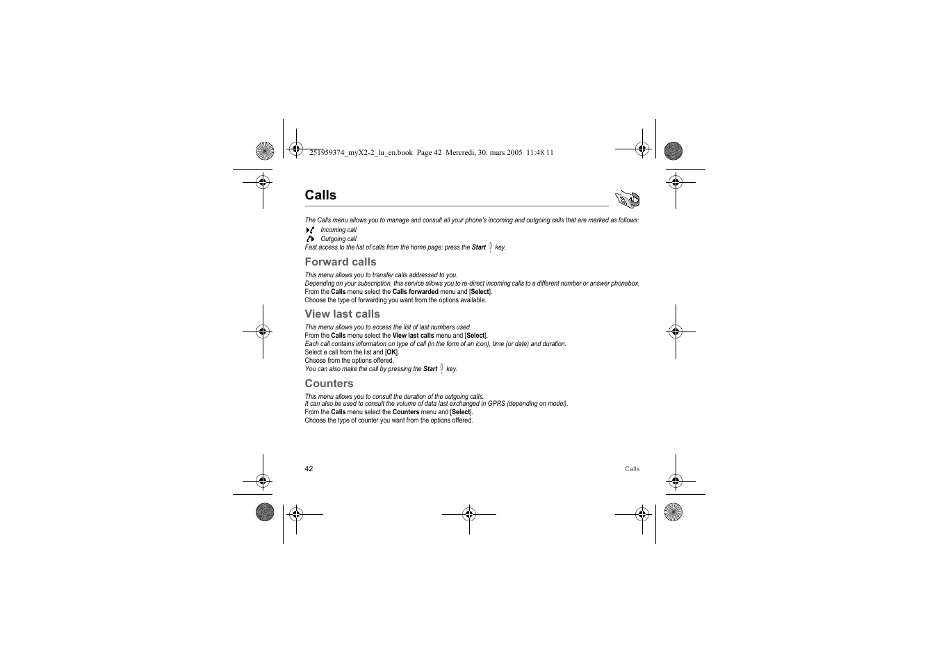 Calls, Forward calls, View last calls | Counters | Sagem myX2-2m  EN User Manual | Page 42 / 71