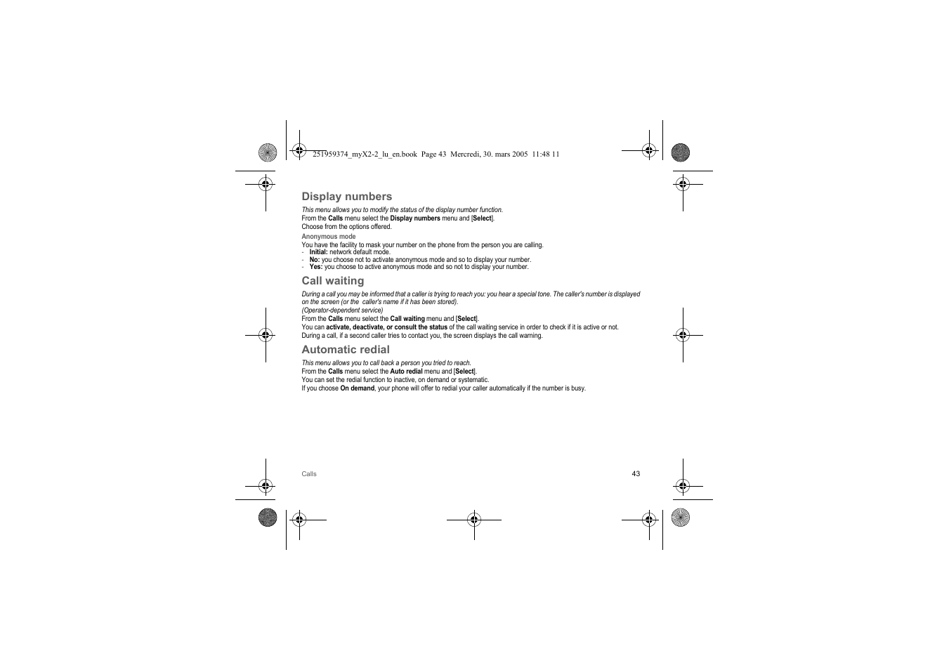 Display numbers, Call waiting, Automatic redial | Sagem myX2-2m  EN User Manual | Page 43 / 71