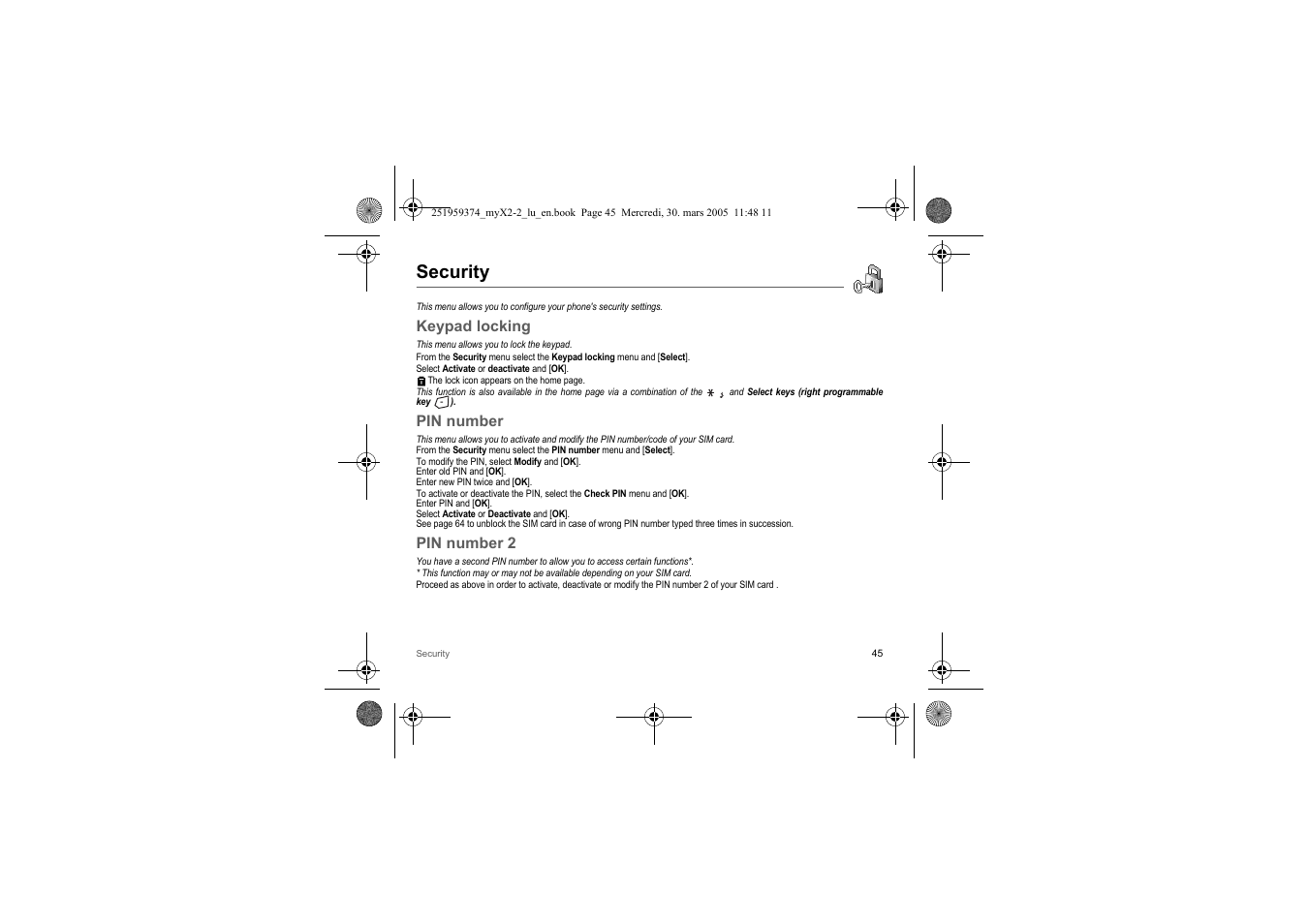 Security, Keypad locking, Pin number | Pin number 2 | Sagem myX2-2m  EN User Manual | Page 45 / 71