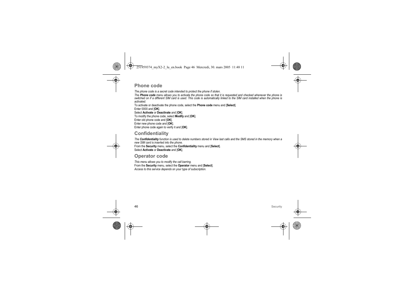 Phone code, Confidentiality, Operator code | Sagem myX2-2m  EN User Manual | Page 46 / 71