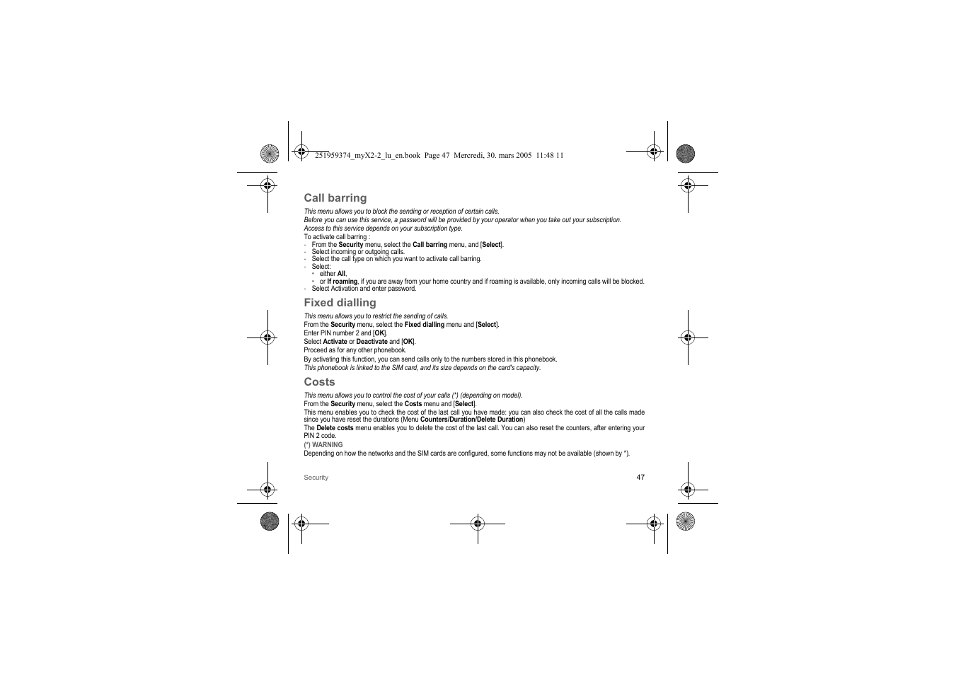 Call barring, Fixed dialling, Costs | Sagem myX2-2m  EN User Manual | Page 47 / 71