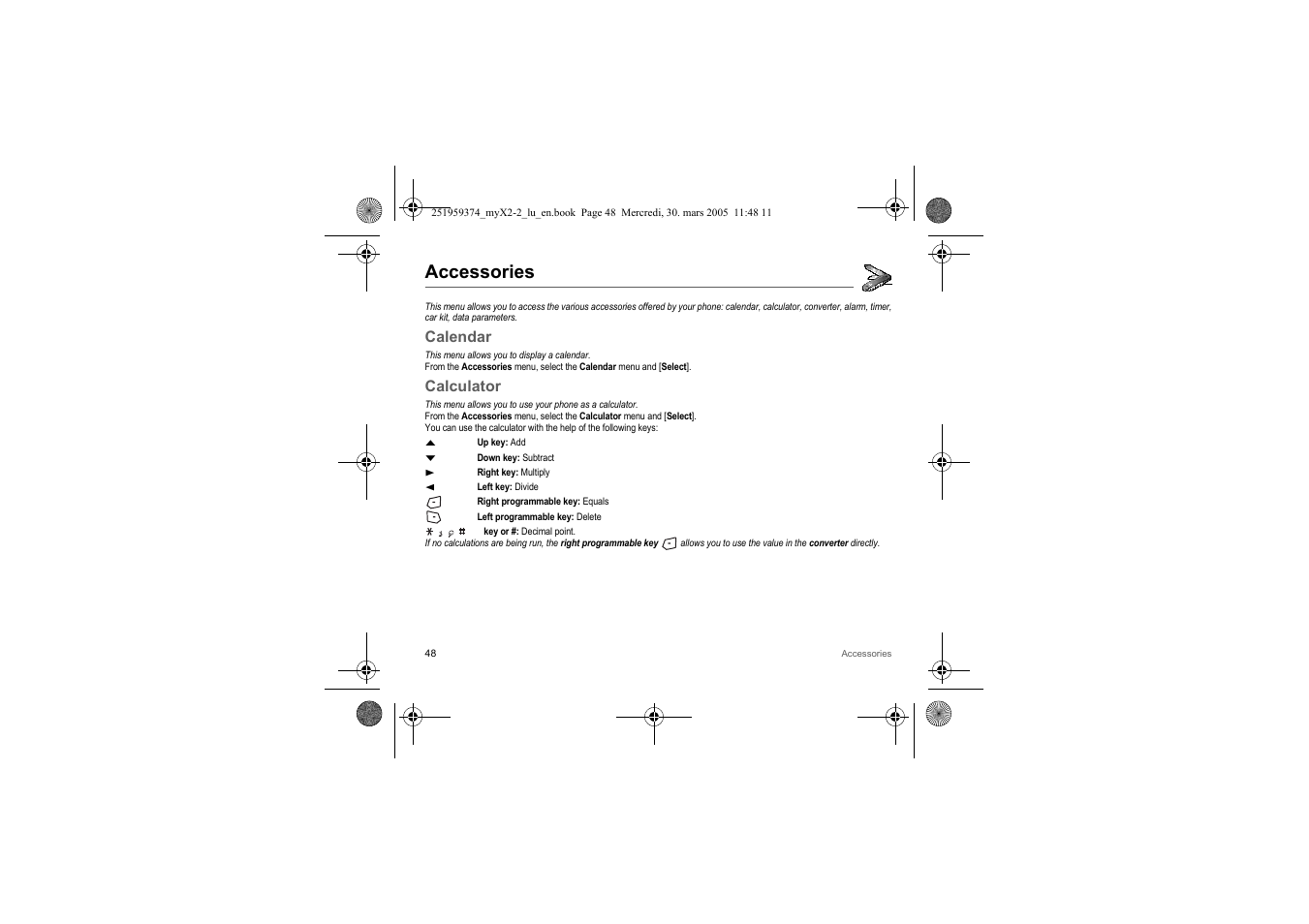 Accessories, Calendar, Calculator | Sagem myX2-2m  EN User Manual | Page 48 / 71