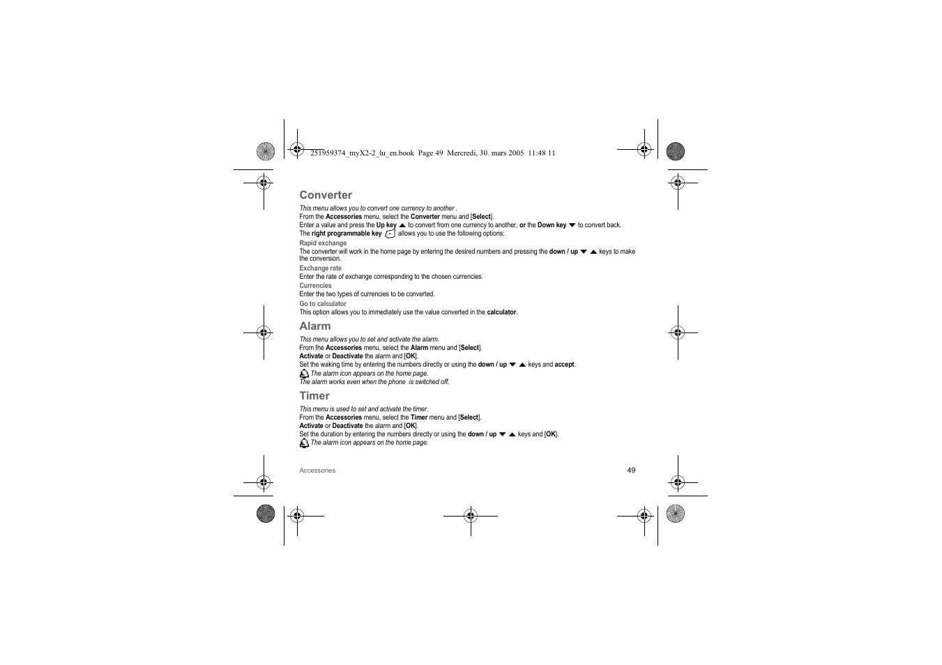 Converter, Alarm, Timer | Sagem myX2-2m  EN User Manual | Page 49 / 71