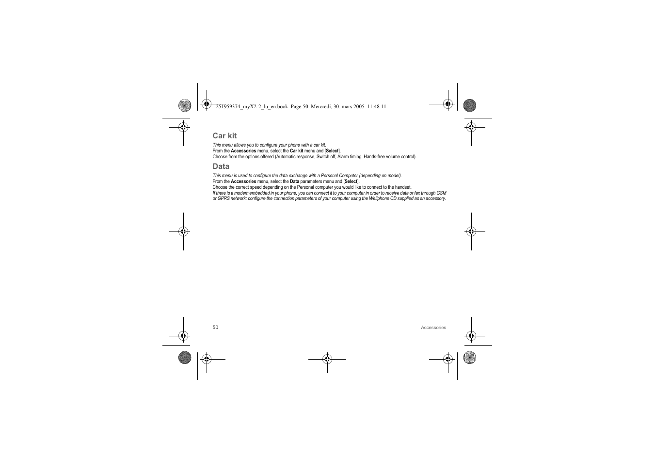 Car kit, Data | Sagem myX2-2m  EN User Manual | Page 50 / 71